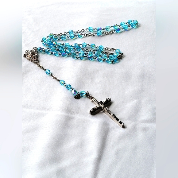Aurora Borealis Beaded Rosary 19", Stamped Italy - Picture 4 of 8